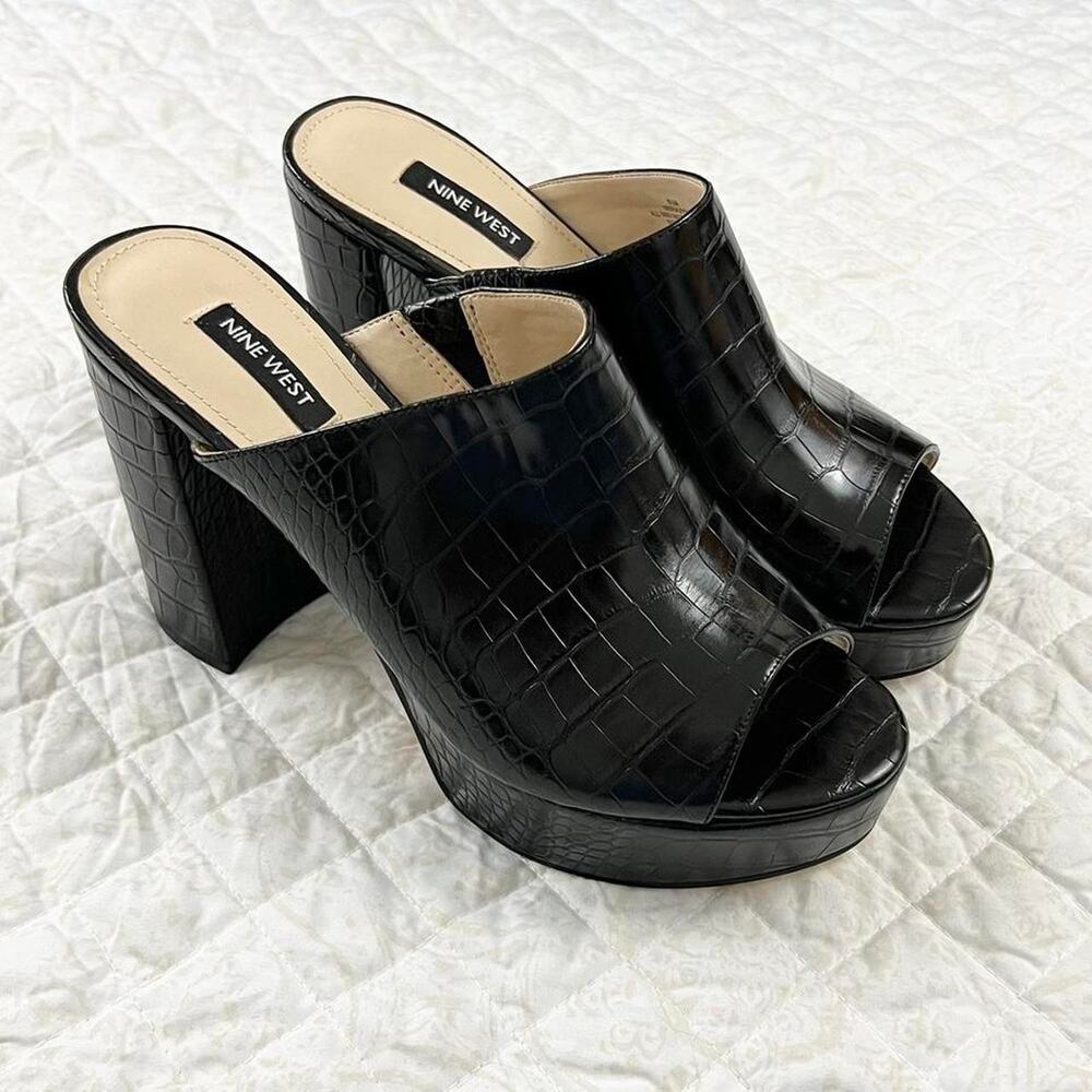 Nine West Platform Faux Croc Heeled Mules Open Toe